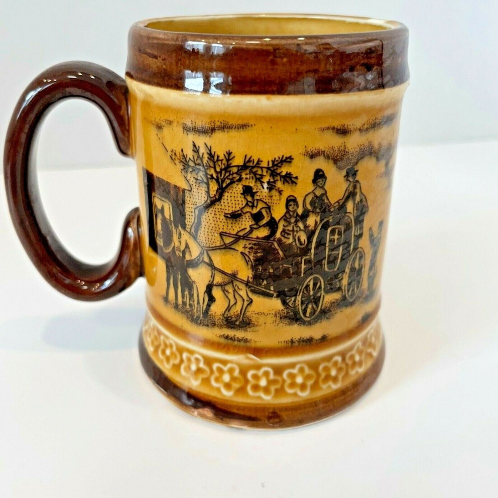 Vintage Stagecoach Horse‎ Carriage Ceramic Coffee Mug Tan Brown Glazed Pottery